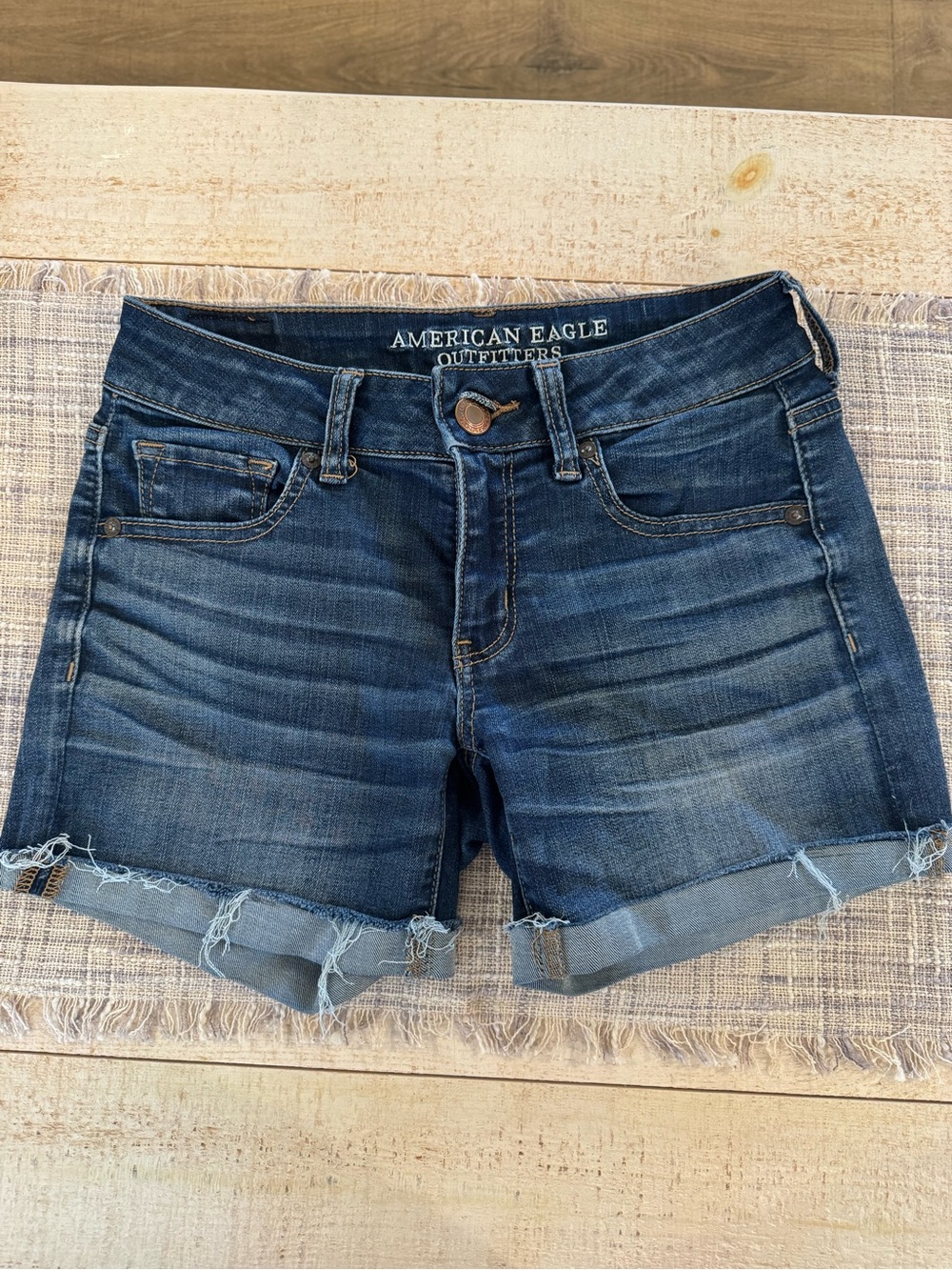 American Eagle Outfitters Dark Blue Rolled-Hem Denim Shorts